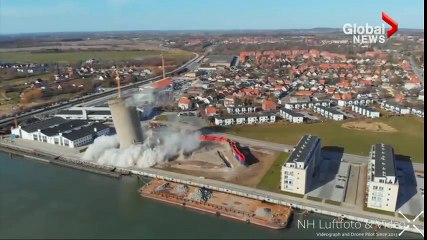 dinamitle patlatılan bacanın ters tarafa yıkılması