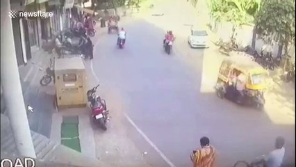 Miraculous escape for pedestrian as SUV collides head-on with tuk-tuk