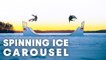 FROZEN SKATE FUN: Skateboarding a spinning ice carousel.