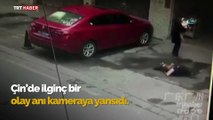 Yolda yürüyen kadının başına köpek düştü