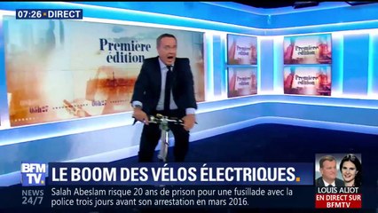 Christophe Delay teste le vélo électrique ce matin sur le plateau de Première édition