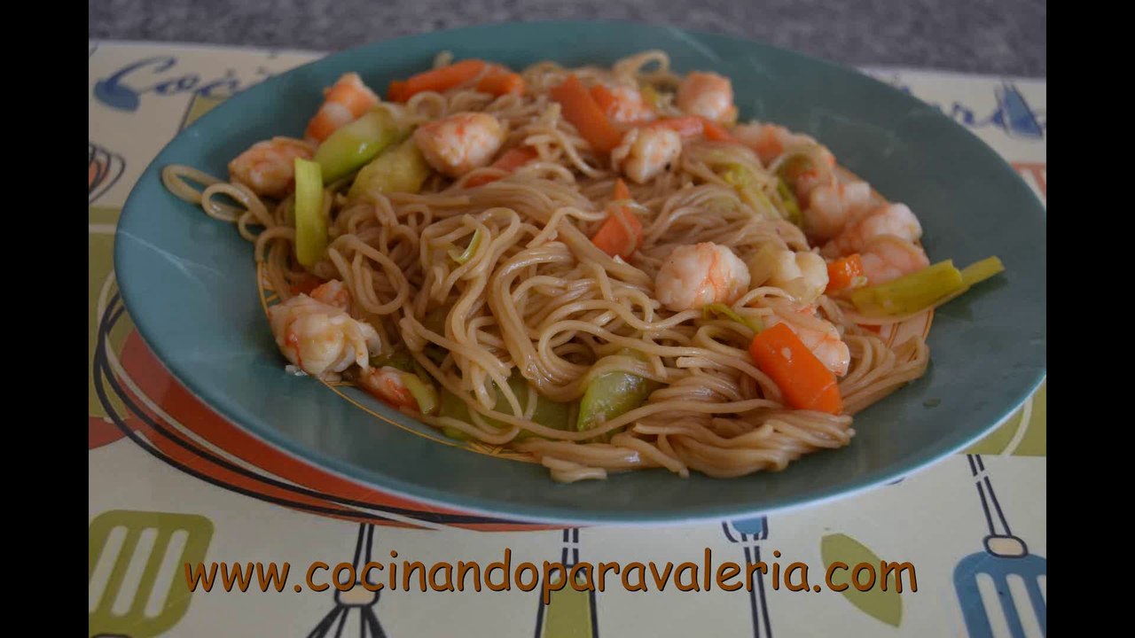 Receta de fideos chinos con verduras y gambas paso a paso #Cocinada rápida y fácil