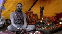 Naga Sadhu sits by his sacred fire inside tent at Varanasi