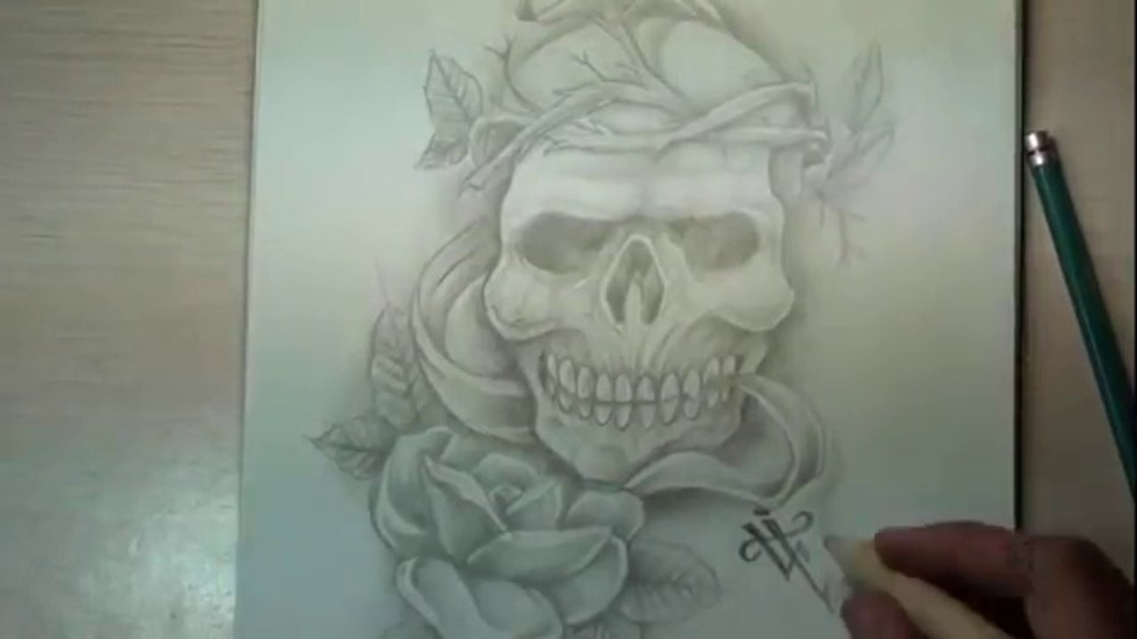 Dibujando una Calavera con  Rosas Realista  / Drawing Realistic Skull and Rose - Nosfe Ink Tattoo