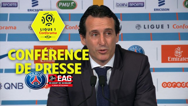 Conférence de presse Paris Saint-Germain - EA Guingamp (2-2) : Unai EMERY (PARIS) - Antoine KOMBOUARE (EAG) / 2017-18