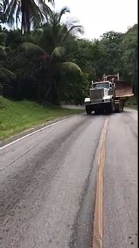 Un camion transportant un bulldozer glisse sur une colline
