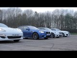Drag race- BMW M5 v Porsche Panamera S v Mercedes E63 AMG v Jaguar XFR - evo exclusive
