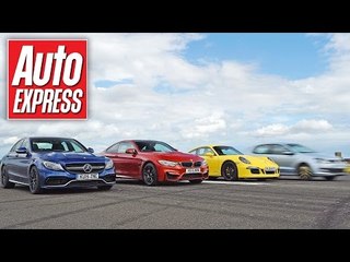 Télécharger la video: Mercedes C63 AMG S vs BMW M4 vs Porsche 911 C4 GTS - Launch control drag race