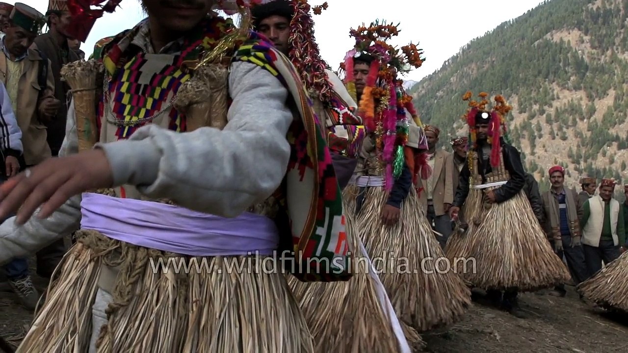 Men in grass skirts - did you know this is Himachali culture at Faguni festival?