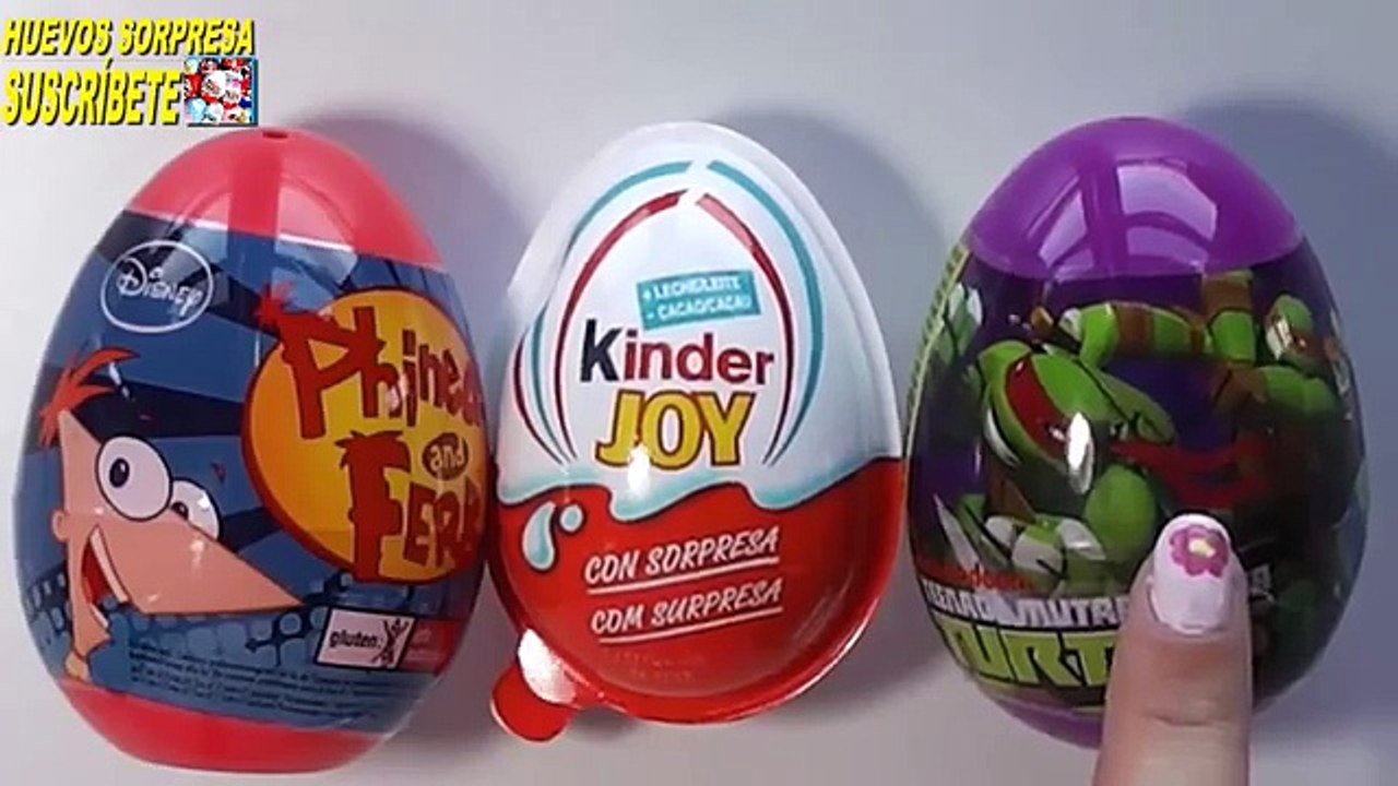 3 huevos sorpresa de Phineas and Ferb, kinder sorpresa joy y las tortugas ninja mutantes en español