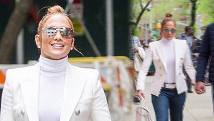 Jennifer Lopez rocks a sharp blazer as she walks hand in hand to lunch with Alex Rodriguez