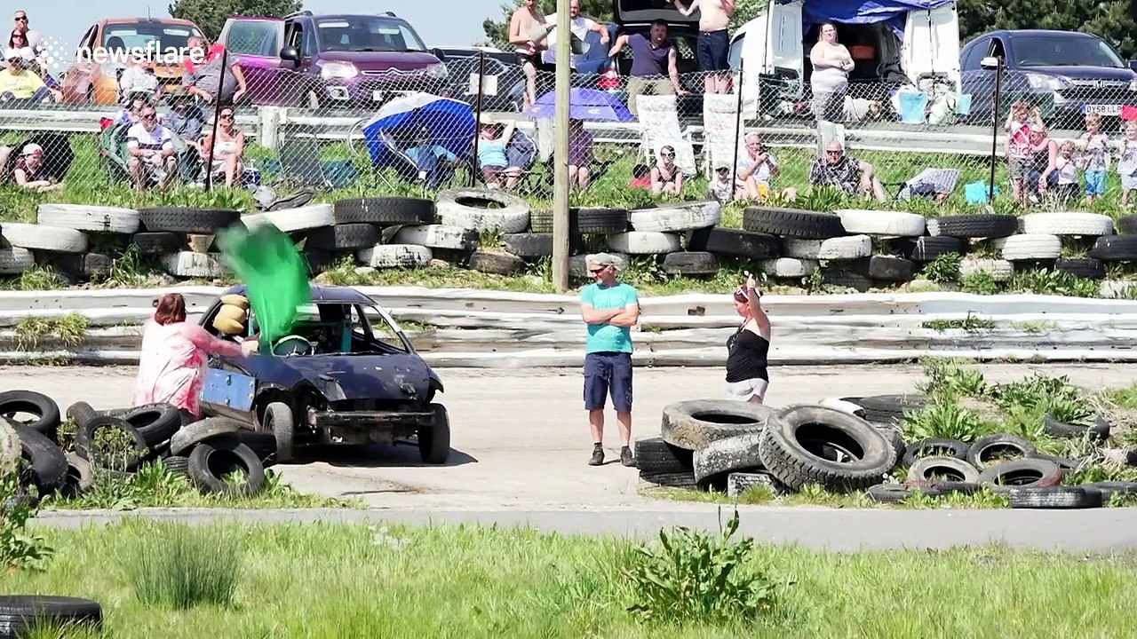 Brave banger-car drivers attempt to jump over vehicles with mixed results