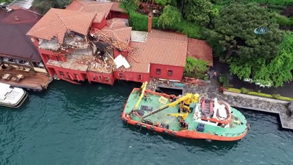 Geminin çarptığı tarihi yalıdaki yeniden yapım çalışmaları havadan görüntülendi