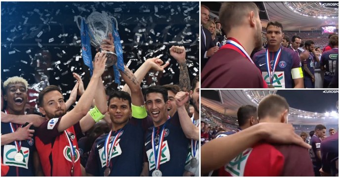 Thiago Silva chama capitão da equipa adversária e ambos levantam a Taça de França... PURA CLASSE!