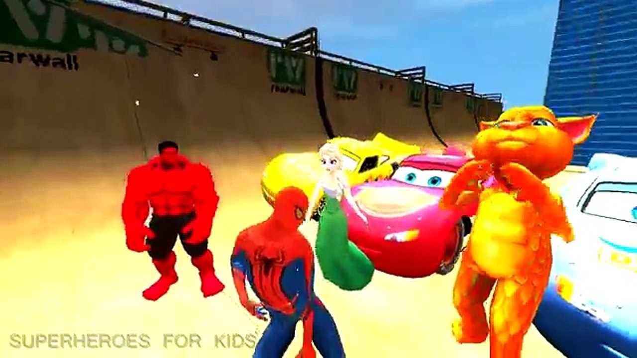 Spiderman, Frozen Elsa, Hulk, Talking Tom And Red Hulk Party & McQueen Cars - Songs for Children