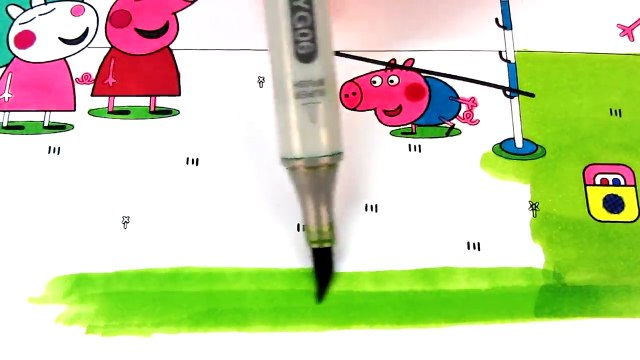 Peppa Pig family playing fun games - Coloring Book Pages Videos For Kids with Colored Markers