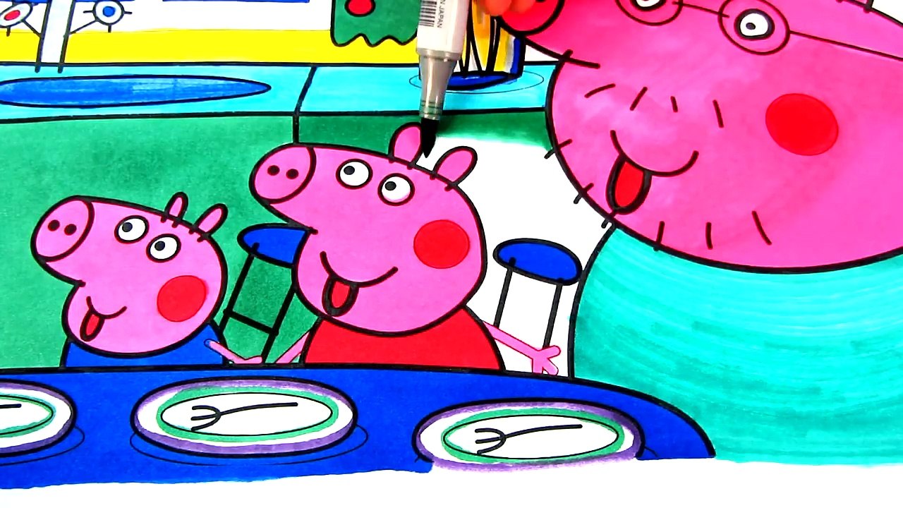 Peppa Pig Family Dinner Coloring Book Pages Videos For Kids with Colored Markers