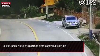 Chine : Deux pneus d'un camion écrasent une voiture (Vidéo)