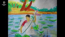 how to draw pond water for kids(একট মেযে পদ্ম ফুল তুলছে)_very easy draw with pastel colour (48 )