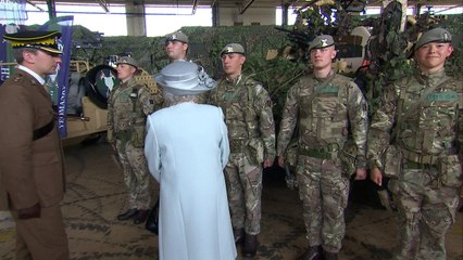 Queen gets the giggles discussing camouflage with troops