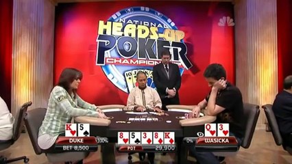 Charming girl mocks pokerchampion