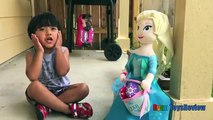 Ryan rides on a bike and play with Disney toys!