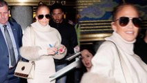 Jennifer Lopez gets mobbed by fans while leaving Tonight Show in tight skirt and fur trimmed sweater