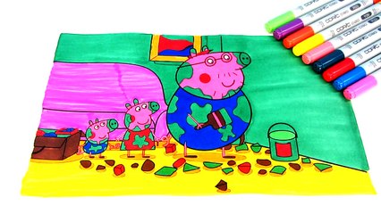 Скачать видео: Peppa Pig Daddy Pig Paints the wall Coloring Book Pages Video For Kids with Colored Markers