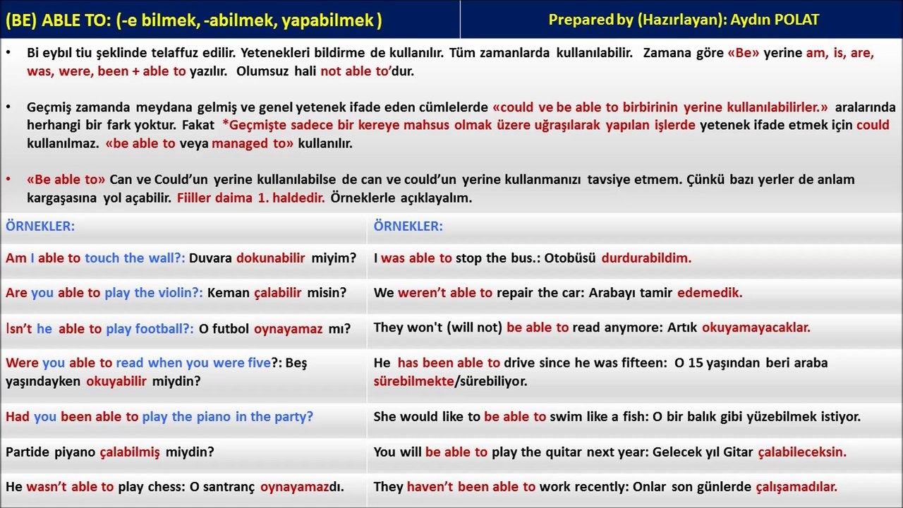 BE ABLE TO ( -ebilmek, -abilmek)