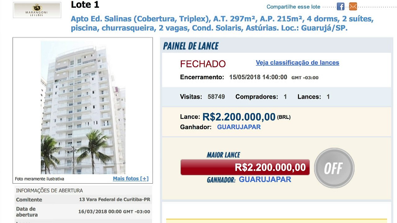 Triplex atribuído a Lula é leiloado