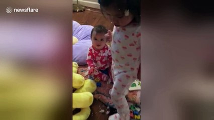 Naughty sisters caught red-handed after making a mess in the house