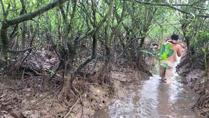 Primitive Technology with Survival Skills looking Crab and Frog for food