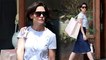Katie Holmes dons a denim A-line skirt with ballet flats to shop at Ulla Johnson boutique in New York City