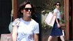 Katie Holmes dons a denim A-line skirt with ballet flats to shop at Ulla Johnson boutique in New York City