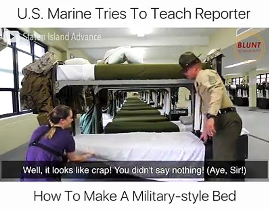 U.S. Marine tries to teach reporter how to make a military-style bed