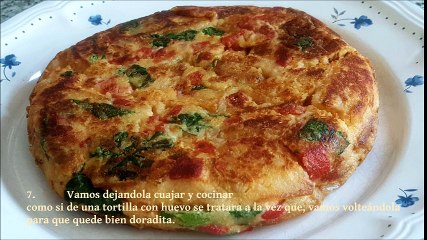 TORTILLA de PATATAS sin HUEVO con ESCALIVADA y ESPINACAS