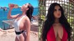 Demi Rose displays epic sideboob as she flaunts her VERY ample assets in tiny white and red swimsuit in Ibiza