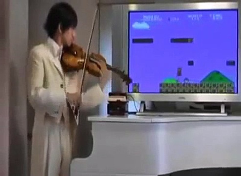 Super Mario and plays violin accordingly