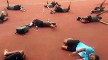Fiji Airways 7s team stretch session in Hong Kong.#TOSOVITI