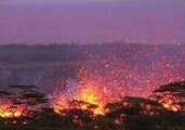 Dramatic Lava Flow Kilauea Volcano Eruption Close Blue Fire Big Splatter