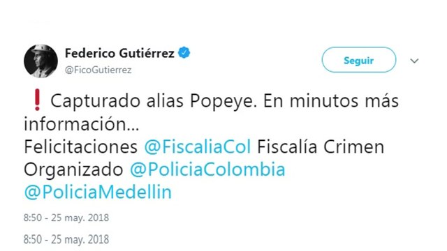 Detienen al exjefe de sicarios de Pablo Escobar por concierto para delinquir -