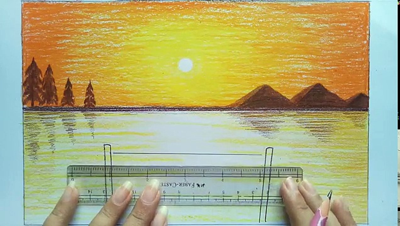 How to draw scenery of sunset with oil pastel step by step
