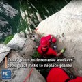 World's most dangerous hiking trail! Daring workers change cliffside planks at Huashan Mountain, 800 meters above the ground.