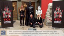 An engraved granite plaque honoring late Star War actress Carrie Fisher was unveiled on Thursday at TCL Chinese Theater in Hollywood, Los Angeles. Though she ne