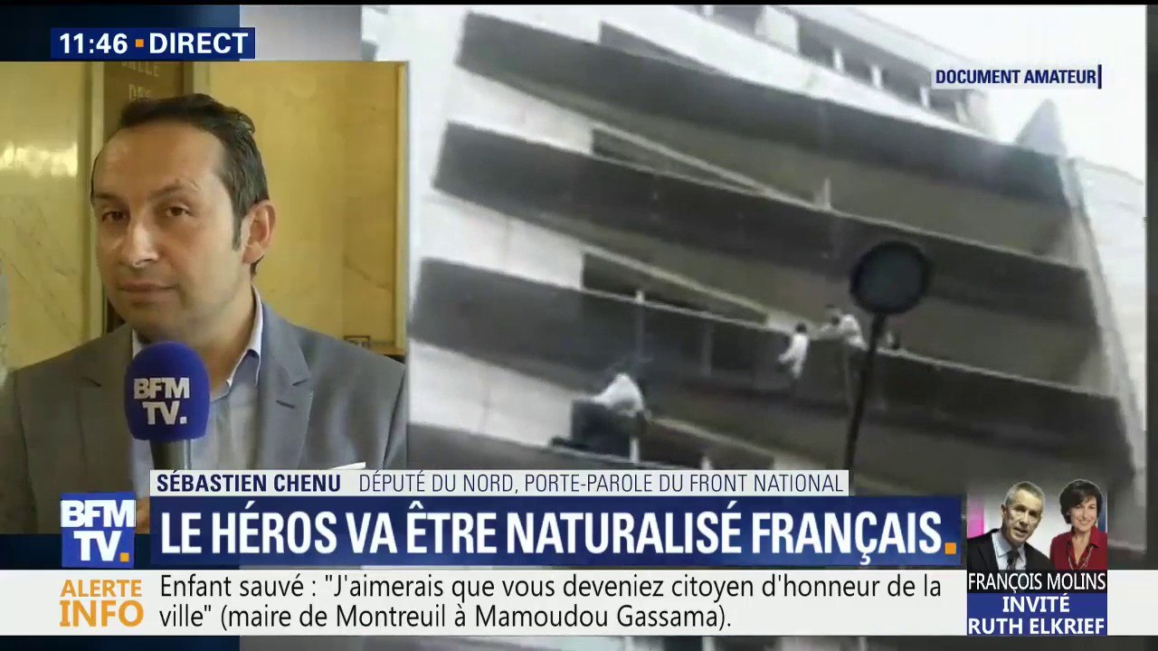 Naturalisation de Mamoudou Gassama:  “On récompense un mérite, un jeune homme qui a sauvé une vie” dit Sébastien Chenu, porte-parole du Front national