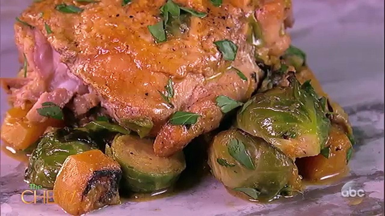 Almond Braised Chicken Thighs with Butternut Squash and Brussels Sprouts | The Chew