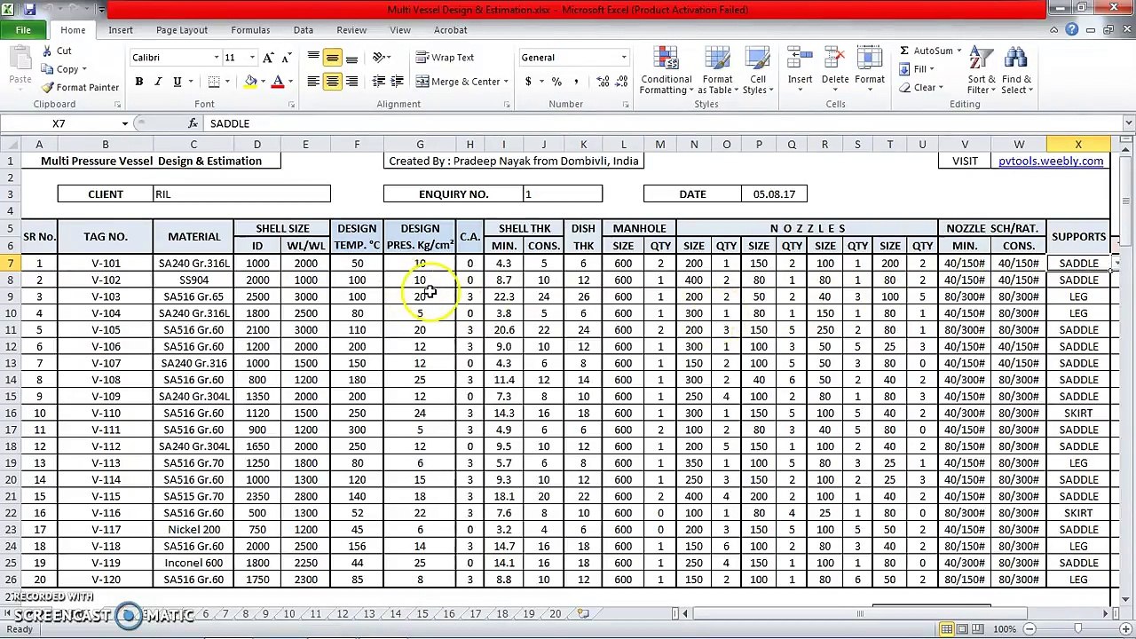 Multi Pressure Vessel Design & Estimation Spreadsheet