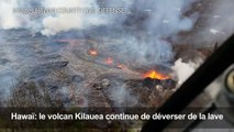 Images aériennes de lave entourant des habitations à Hawaï