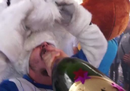 Romanian Soccer Mascots Celebrate Cup Win With Lots of Champagne