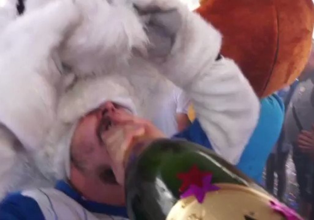 Romanian Soccer Mascots Celebrate Cup Win With Lots of Champagne